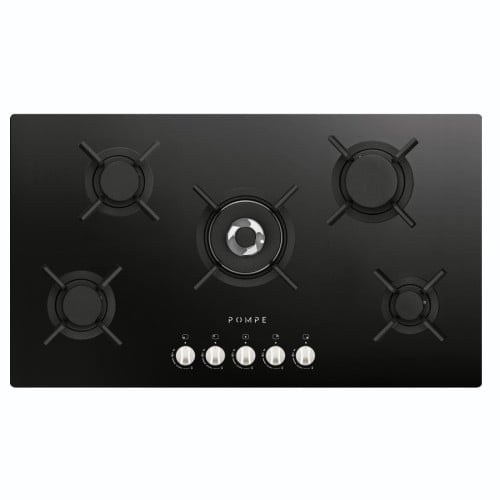 POMPE موقد غاز 90 سم زجاج أسود 5 شعلة شبك ثقیل منف...