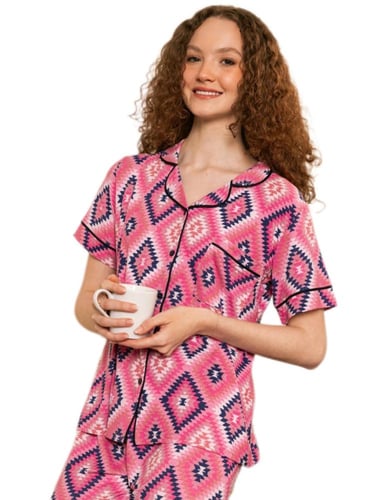 بجامة بيت قطن نسائية نص كم لون موف غامق