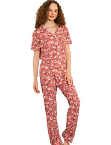 بجامة نوم قطن مصري نسائية عنابي بالزهور — أزرار أن...