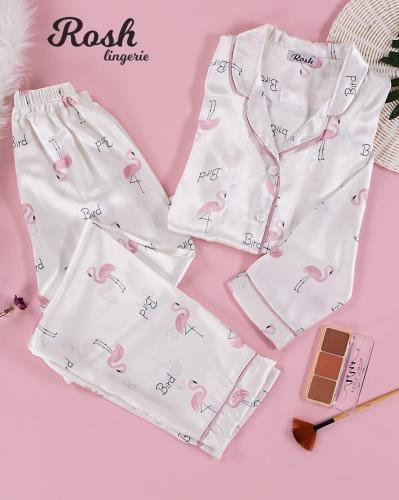 بجامة ستان نسائي ابيض وردي- هدية فاخرة