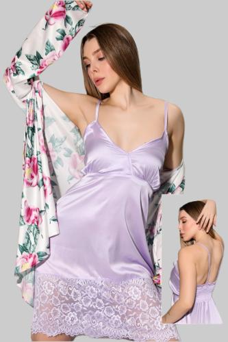 قميص نوم ستان نسائي موف مع روب احمر مشجر ستان - أط...