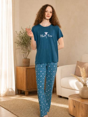 بجامة بيت قطن مصري نسائية زيتي — بلوزة وبنطال زيتي مزركش نص كم مقاسات M إلى 2XL
