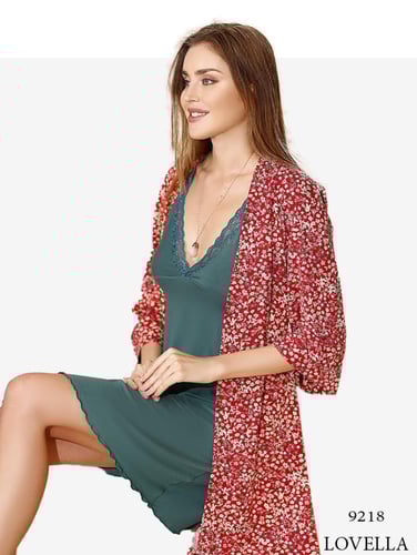 طقم قميص نوم قطن قصير زيتي مع مع روب احمر مزخرف —...