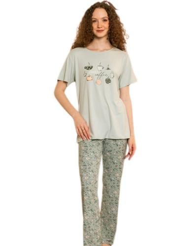 بجامة بيت قطن مصري نسائية لون زيتي فاتح تويجي تصمي...