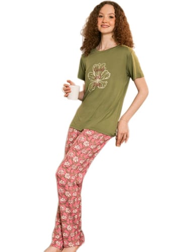 بجامة بيت قطن مصري نسائية لون كموني نص كم