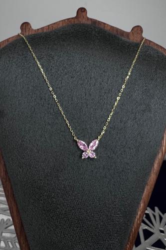 سلسلة فضة عيار 925 مطلية ذهب مع تعليقة فراشة مرصعة بالزركون الوردي