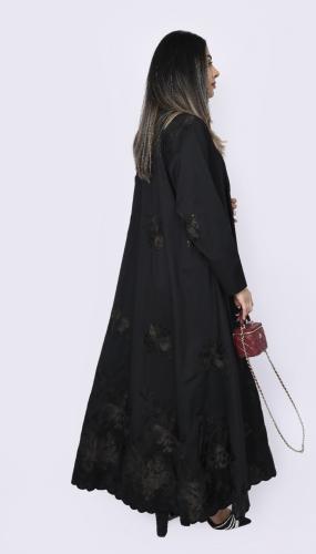 Al Anood abaya, black linen fabric, hand-embroider...