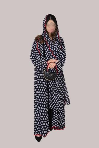 Polka dot abaya with red embroidery, with the poss...