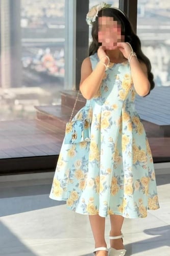 فستان بناتي ازرق ورد ذهبي 7279