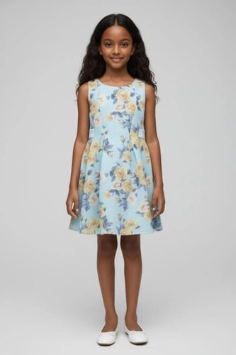 فستان بناتي ازرق ورد ذهبي 7279