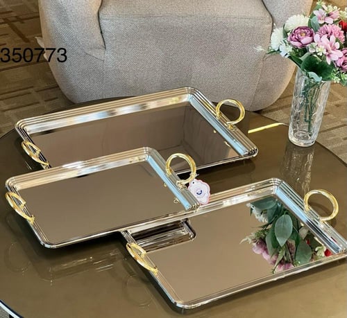 طقم تباسي استيل لامع لتقديم الشاي والقهوة - 3 أحجا...