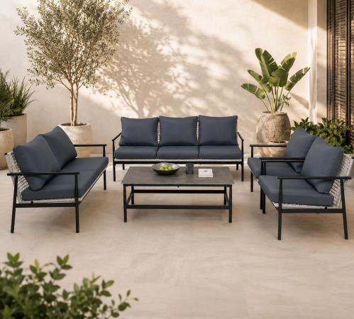 A luxurious, modern outdoor seating set suitable for both indoor and outdoor use.