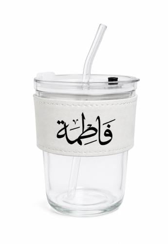 كوب زجاج مع سترو بأسم مع مسكة جلد