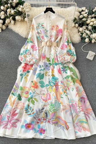 فستان نسائي أنيق من الكتان مشجر بالزهور وبأكمام من...