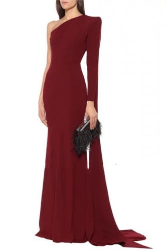 فستان عنابي طويل ون شولدر