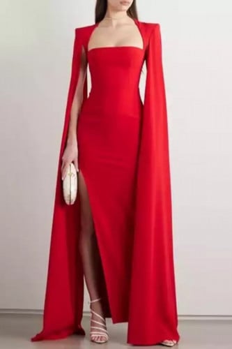 فستان احمر طويل باكمام مفتوحة