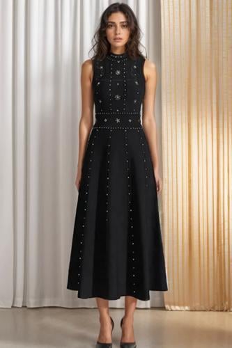 فستان اسود مزين بالكريستال -متوفر طويل وقصير-