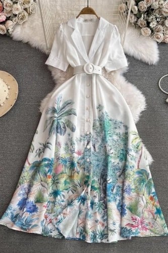 فستان نسائي أنيق من الكتان مشجر بالزهور وبأكمام من...