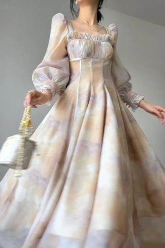 فستان ميدي نسائي بياقة مربعة وأكمام طوبله