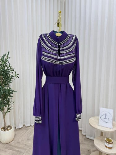 فستان سهرة تفته استرتش وشيفون مطرز يدوي