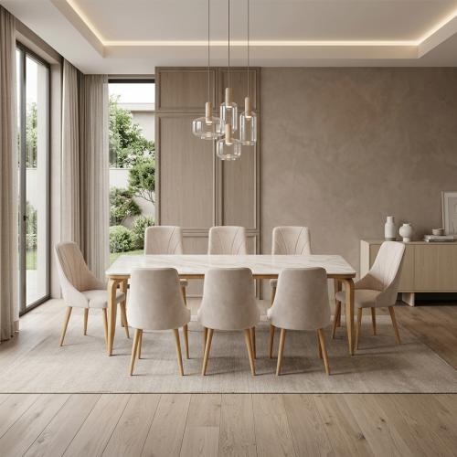 طقم طاولة طعام مودرن مع 8 كراسي مخمل بيج (180×90 س...