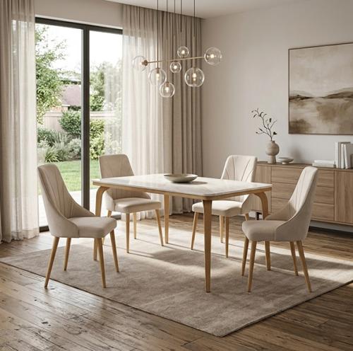 طقم طاولة طعام مودرن مع 4 كراسي مخمل بيج (130×80 س...