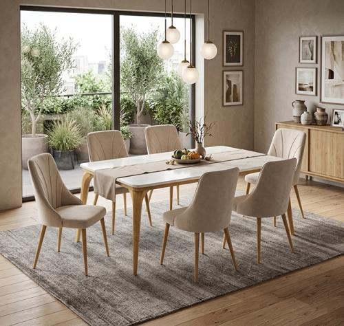 طقم طاولة طعام مودرن مع 6 كراسي مخمل بيج (150×90 س...