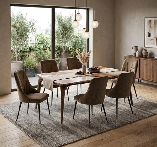طقم طاولة طعام مودرن مع 6 كراسي مخمل كافيه (150×90...