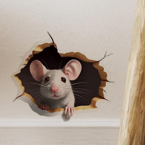 ملصق جداري ثلاثية الأبعاد واقعية لفأر أبيض يطل من...