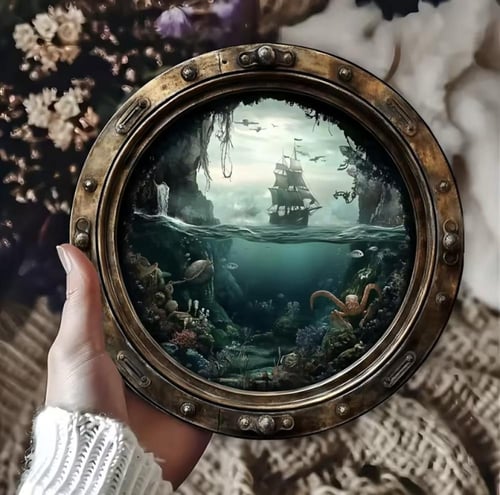 قطعة فنية جدارية مزخرفة تُشبه كوة سفينة. يُصوّر مش...