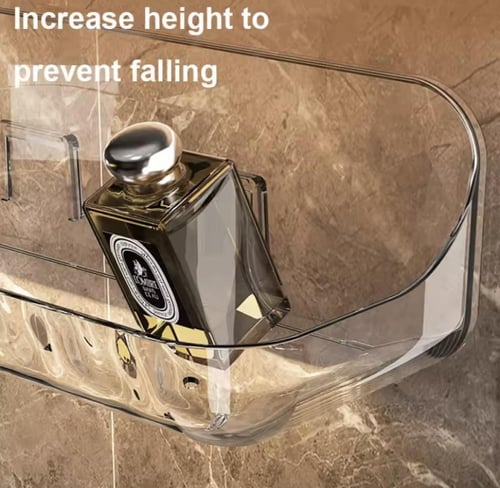 رف تخزين شفاف يُثبّت على الحائط، مُصمّم لتنظيم مست...