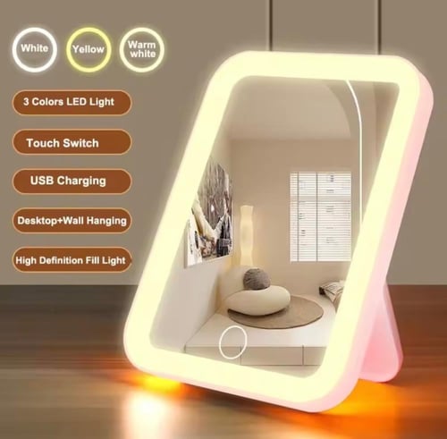 مرآة مكياج مزودة بإضاءة LED مدمجة بثلاثة ألوان: ال...