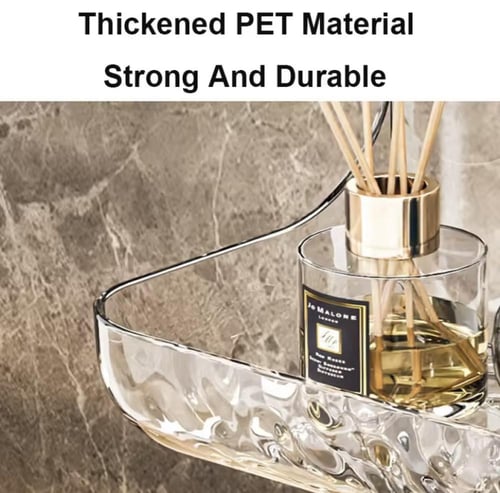 رف تخزين شفاف يُثبّت على الحائط، مُصمّم لتنظيم مست...