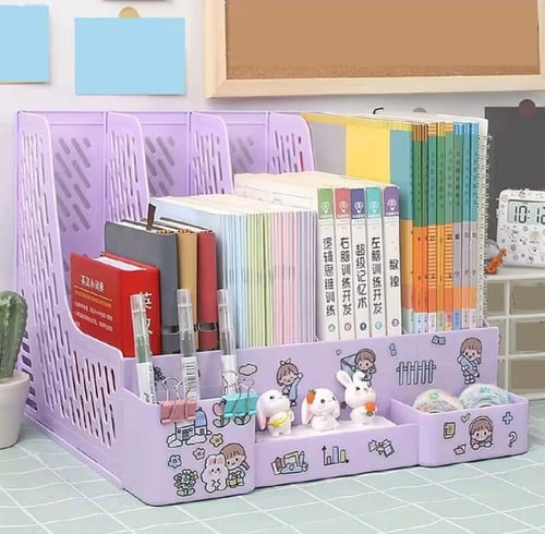 منظم مكتبي، مزود بفتحات وحجرات متعددة لتخزين الكتب...