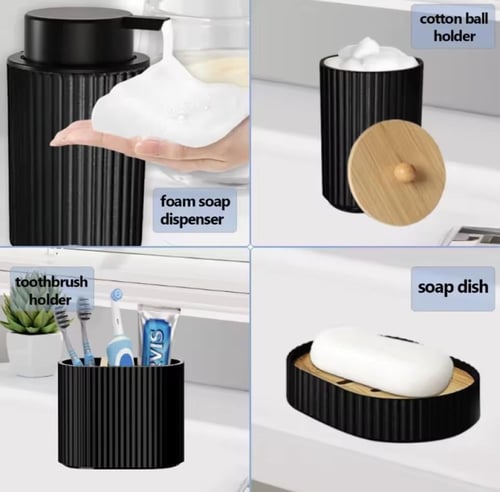 طقم حمام أنيق ذو تصميم مضلع، يتضمن حامل فرشاة أسنا...