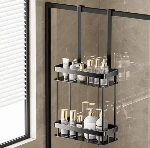 سلة استحمام سوداء معلقة، مصممة لتخزين الحمام، تُثب...