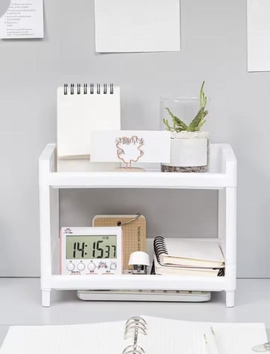 منظم تخزين بلاستيكي أبيض بطبقتين، مثالي للمكاتب أو...