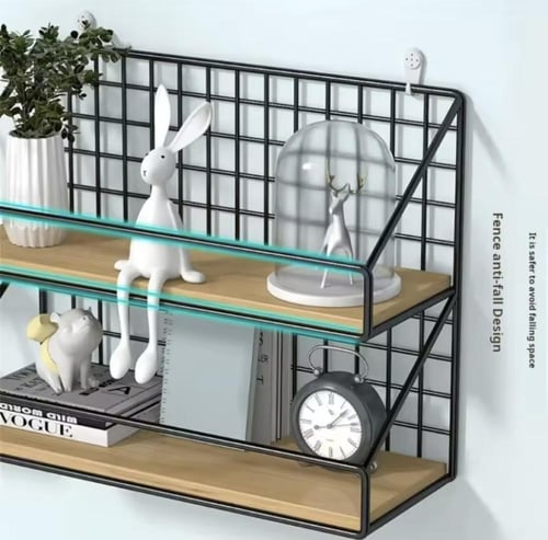 رفوف جدارية مصنوعة من مزيج من الخشب والشبك المعدني...