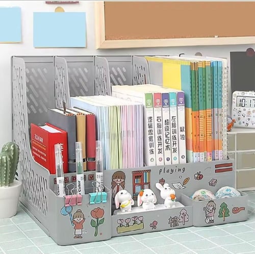 منظم مكتبي، مزود بفتحات وحجرات متعددة لتخزين الكتب...