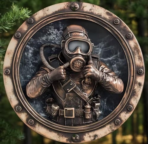 قلادة جدارية دائرية تُصوّر غواصًا يرتدي معدات غوص...