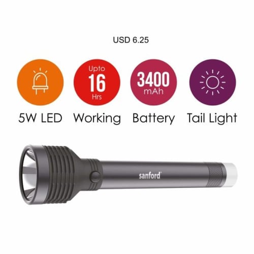 سانفورد مصباح بحث قابل لإعادة الشحن - 5 واط - أسود...