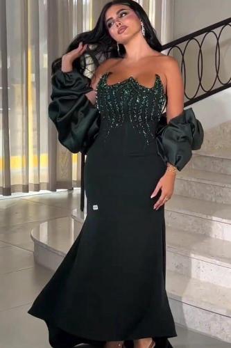 فستان سهرة مزين بالخرز لون زيتي