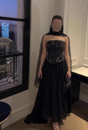 فستان سهره أسود بشال خارجي