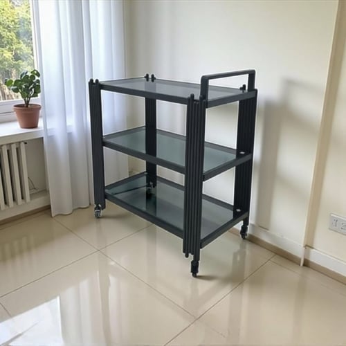 عربة تقديم معدنية بتصميم فاخر 3 دور زجاجي باللون ا...