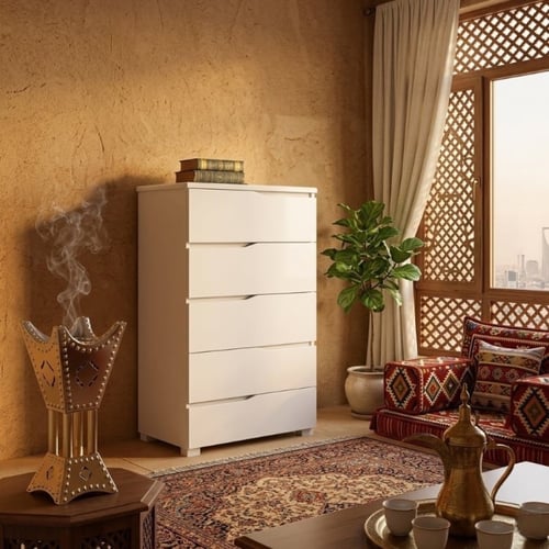 خزانة ادراج حديثة عصرية بيضاء ذات 5 باللون الابيض