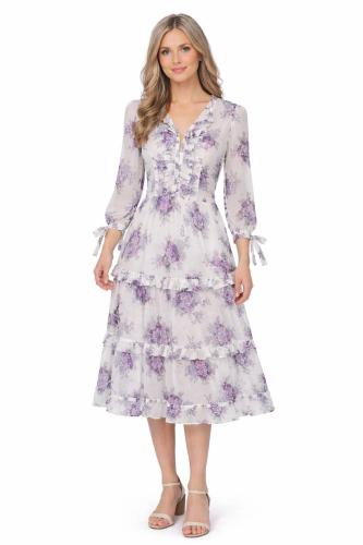 فستان نسائي ميدي شيفون بطبعة زهور بنفسجية وكشكشة م...