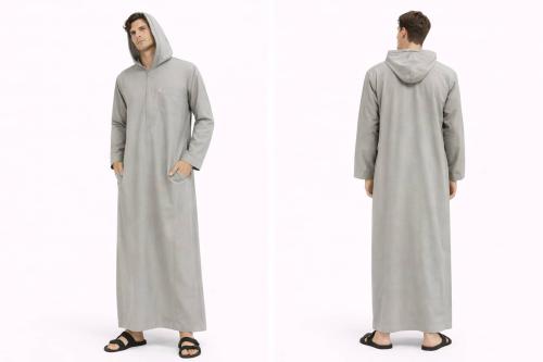 ثوب رجالي رمادي فاتح بغطاء رأس عملي وتصميم عصري مر...