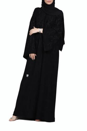 عباية نسائية سوداء بتطريز أوراق ناعم وقصة انسيابية