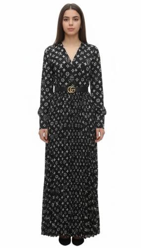 فستان نسائي طويل أسود بطبعة بيضاء أنيقة مع حزام يب...