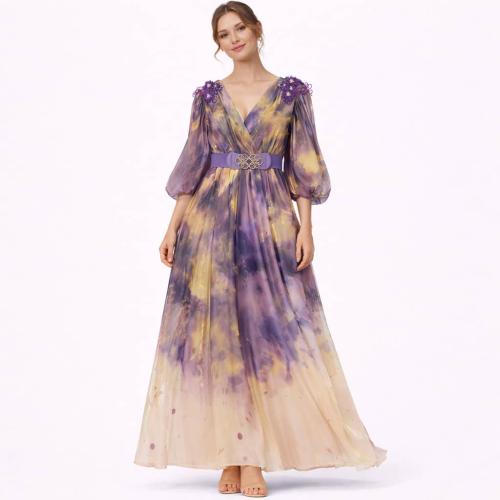 فستان سهرة نسائي طويل بتدرجات بنفسجية مع حزام مزخر...